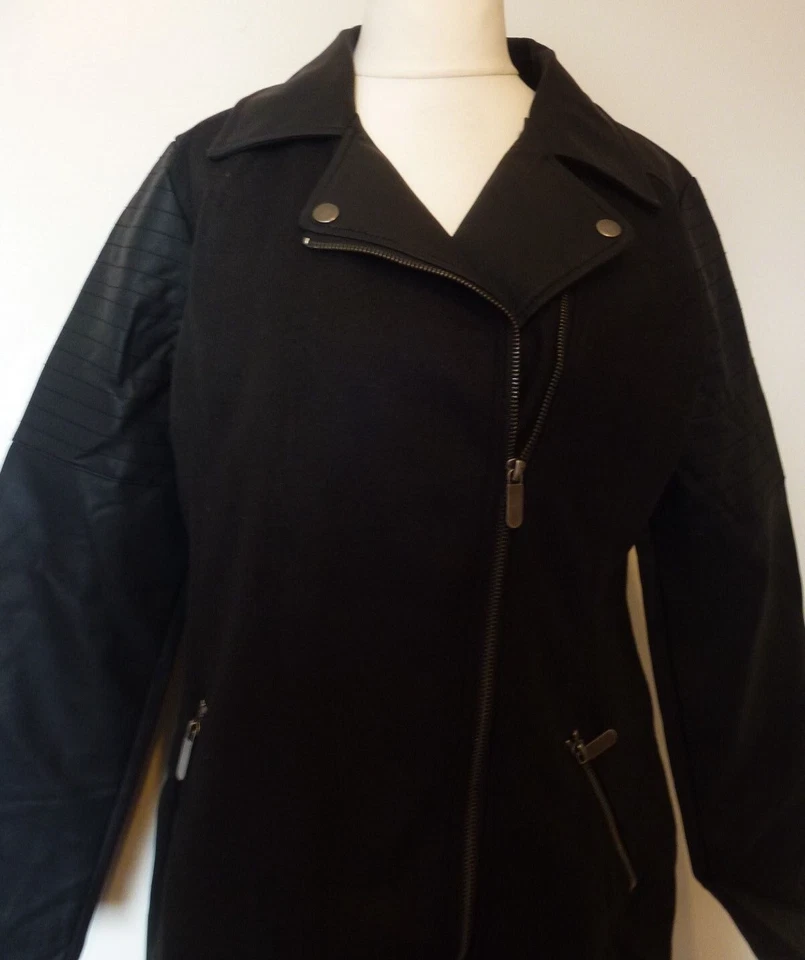 Brave Soul Biker Coat Faux Leather Trim Wool Mix Size 16 Uk BNWT RRP £60 Black - Image 2 of 4