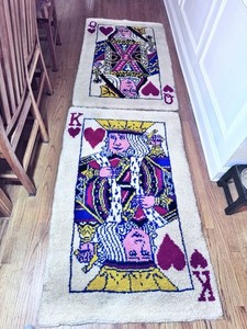Vintage  35" x 58" Large King & Queen of Hearts Mid Century Shag Rugs