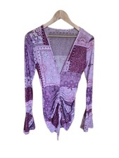 Y2K Ruched Long Sleeve V-Neck Dress Top Purple Paisley Patchwork M Lightweight 