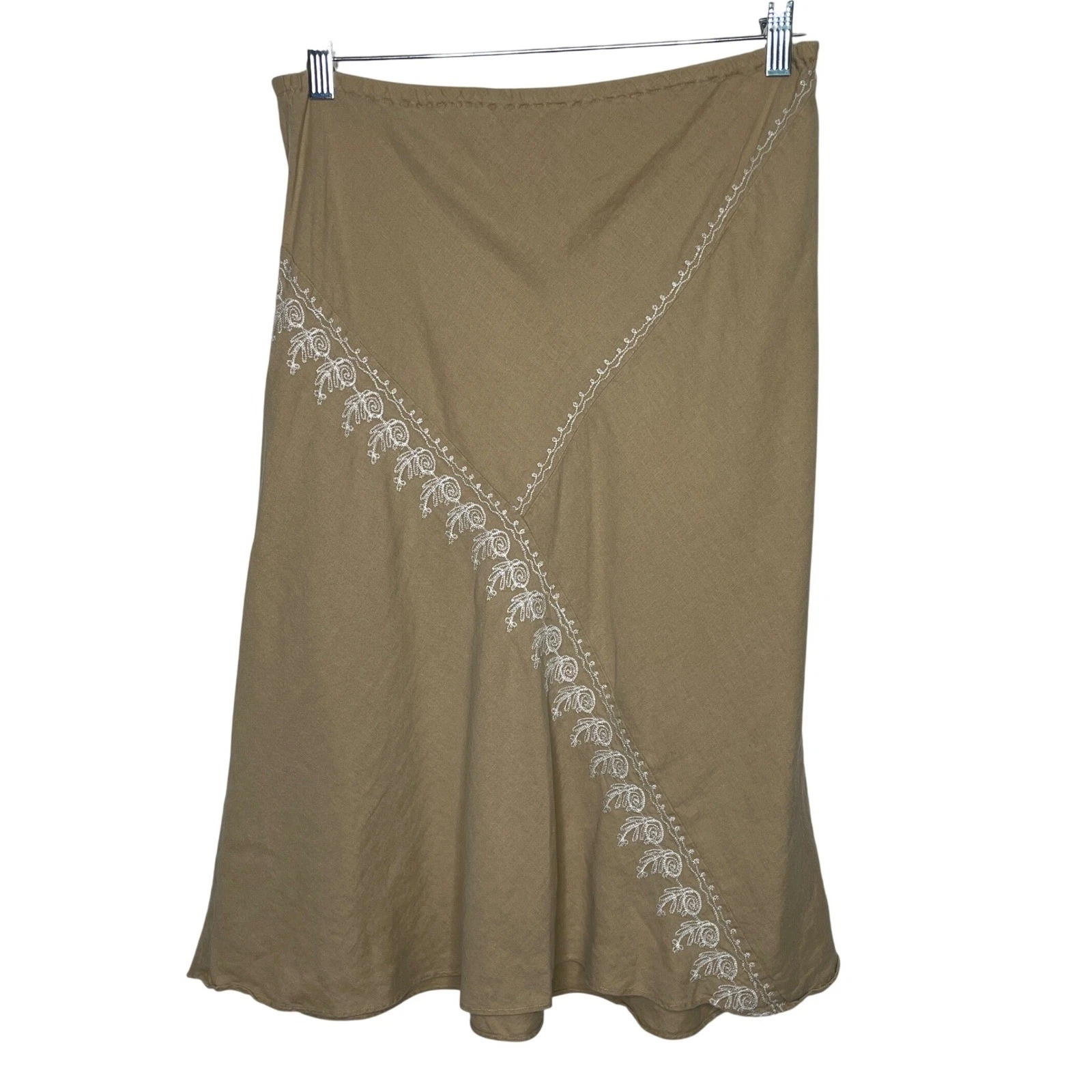 Sunny Leigh Linen Skirt Women Small Tan White Embroidered Midi A-Line Khaki Boho