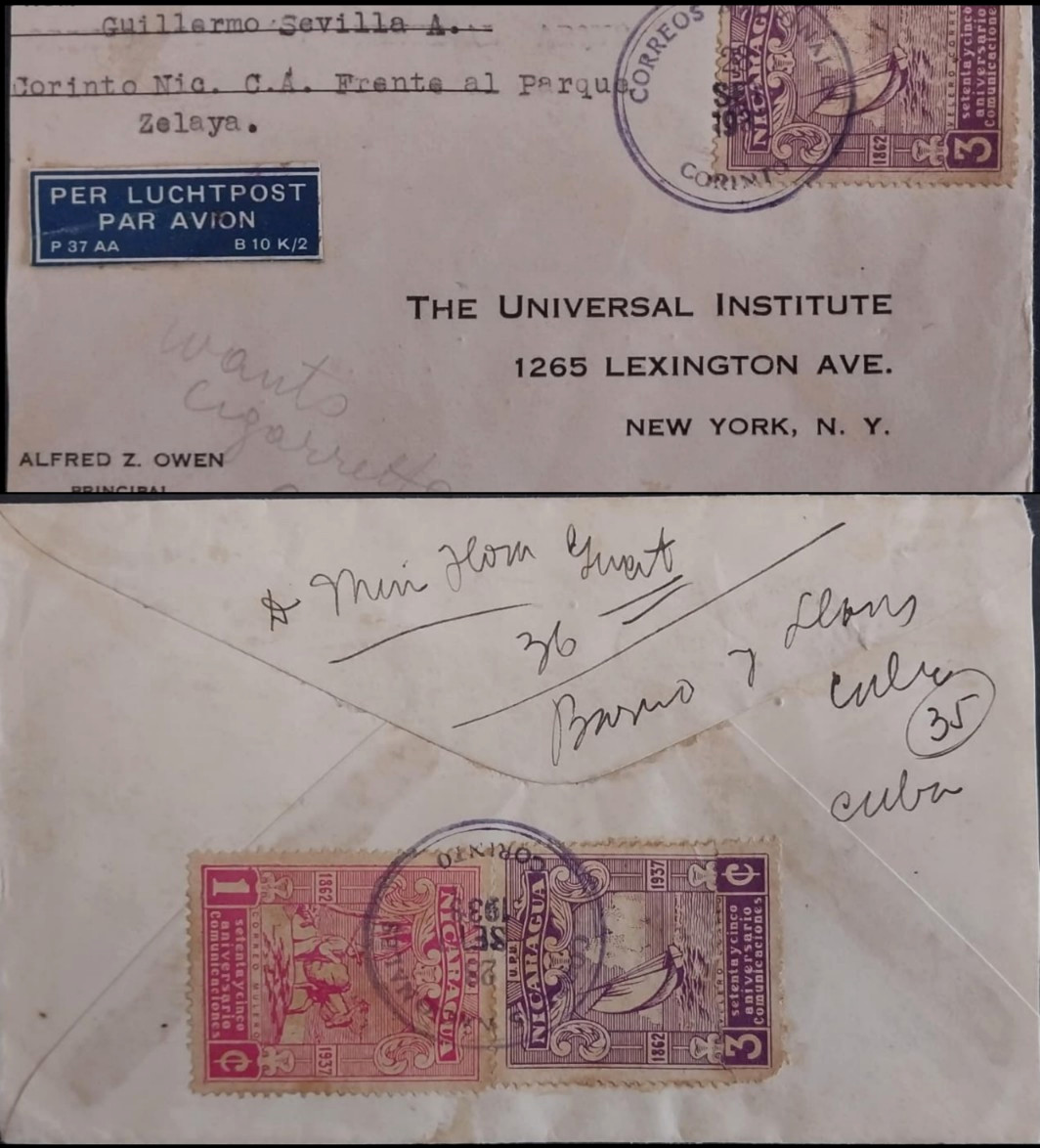 NICARAGUA 1937 CORINTO COVER TO US