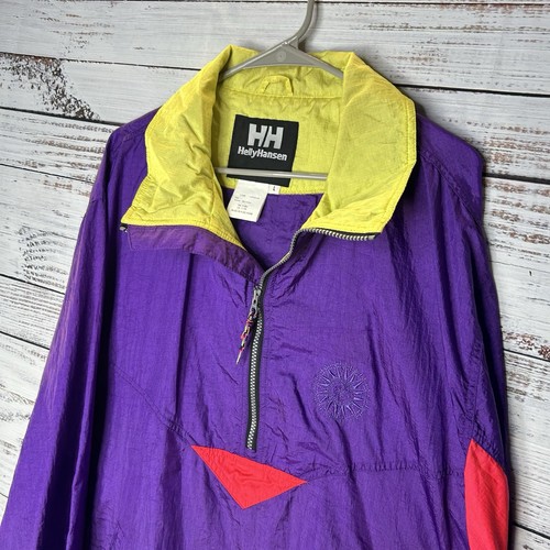 Vintage 90s Helly Hansen Nylon Colorblock Purple Yellow Windbreaker Jacket Large - Picture 5 of 8