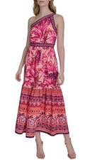 Eliza J Womens Mixed-Print One-Shoulder Tiered Midi Dress 8 Purple Multi - NWT