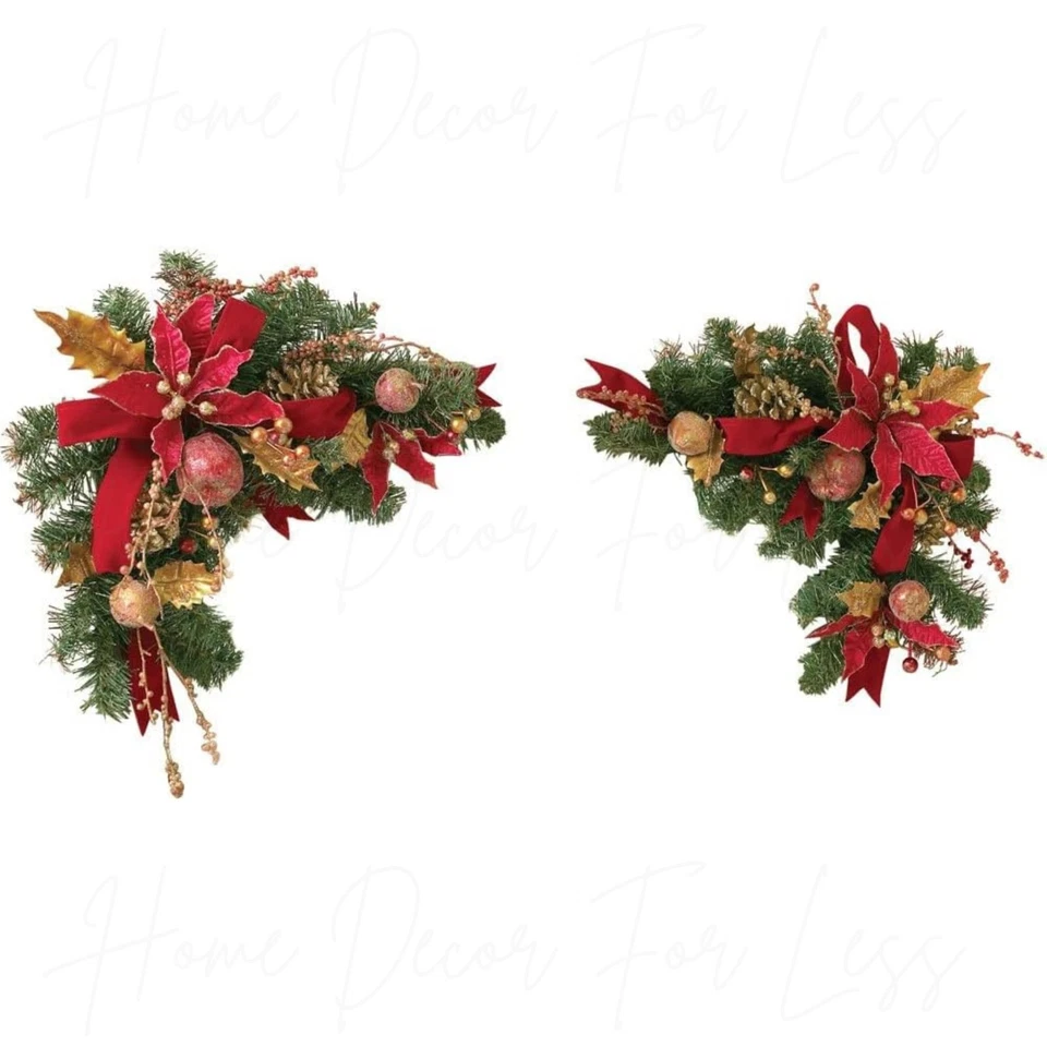Set of 2 Christmas Poinsettia Pine Floral Swag Spray Holiday Door Wall Decor - Image 2 of 4
