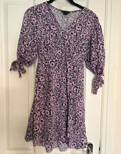 New Look Purple/Black Abstract V-Neck Tie 3/4 Sleeve Fit & Flare Dress UK 10