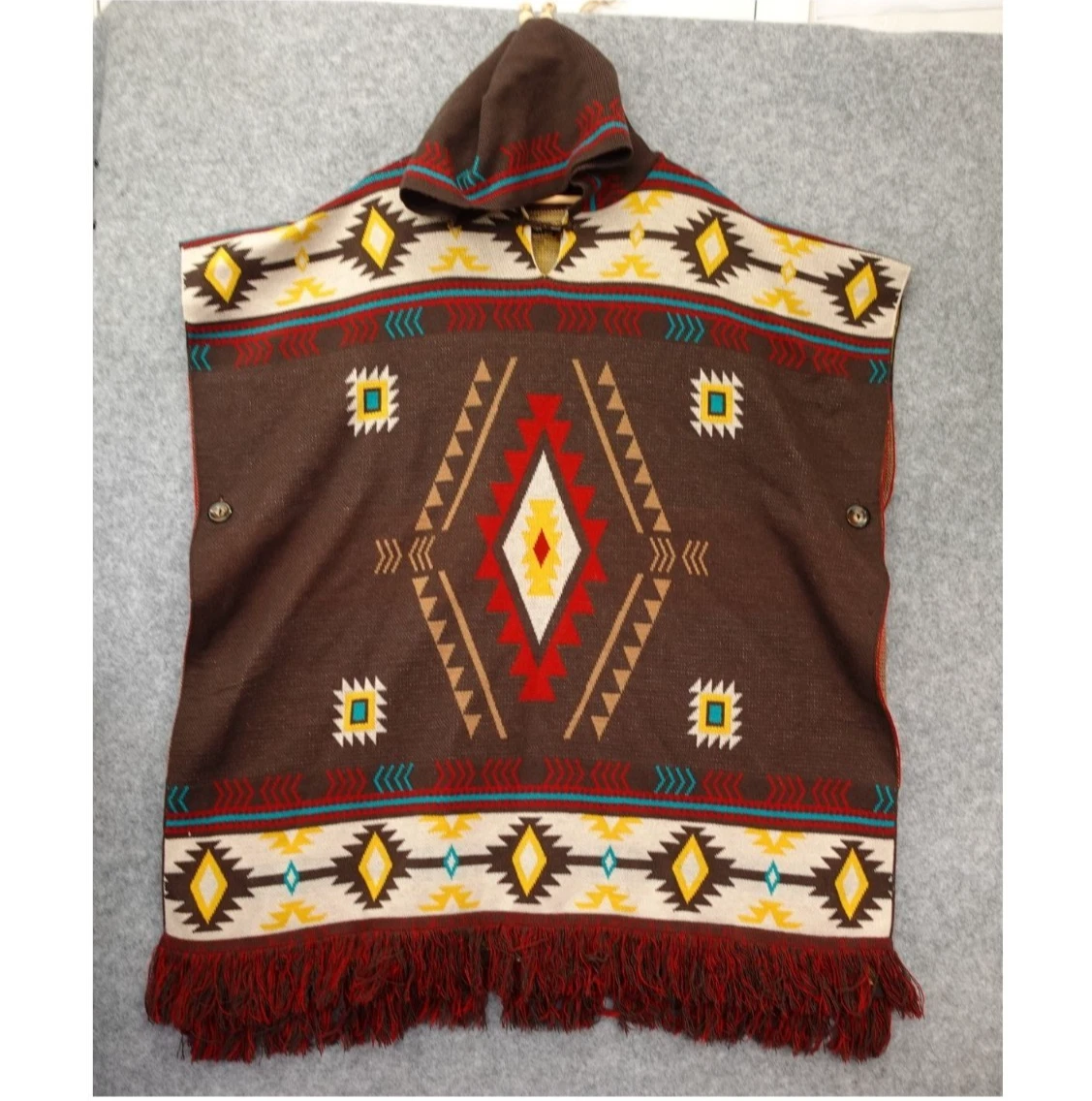 Poncho Hoodie S XL Brown Aztec Navajo Tribal Southwestern Cape Fringe Mexican OS