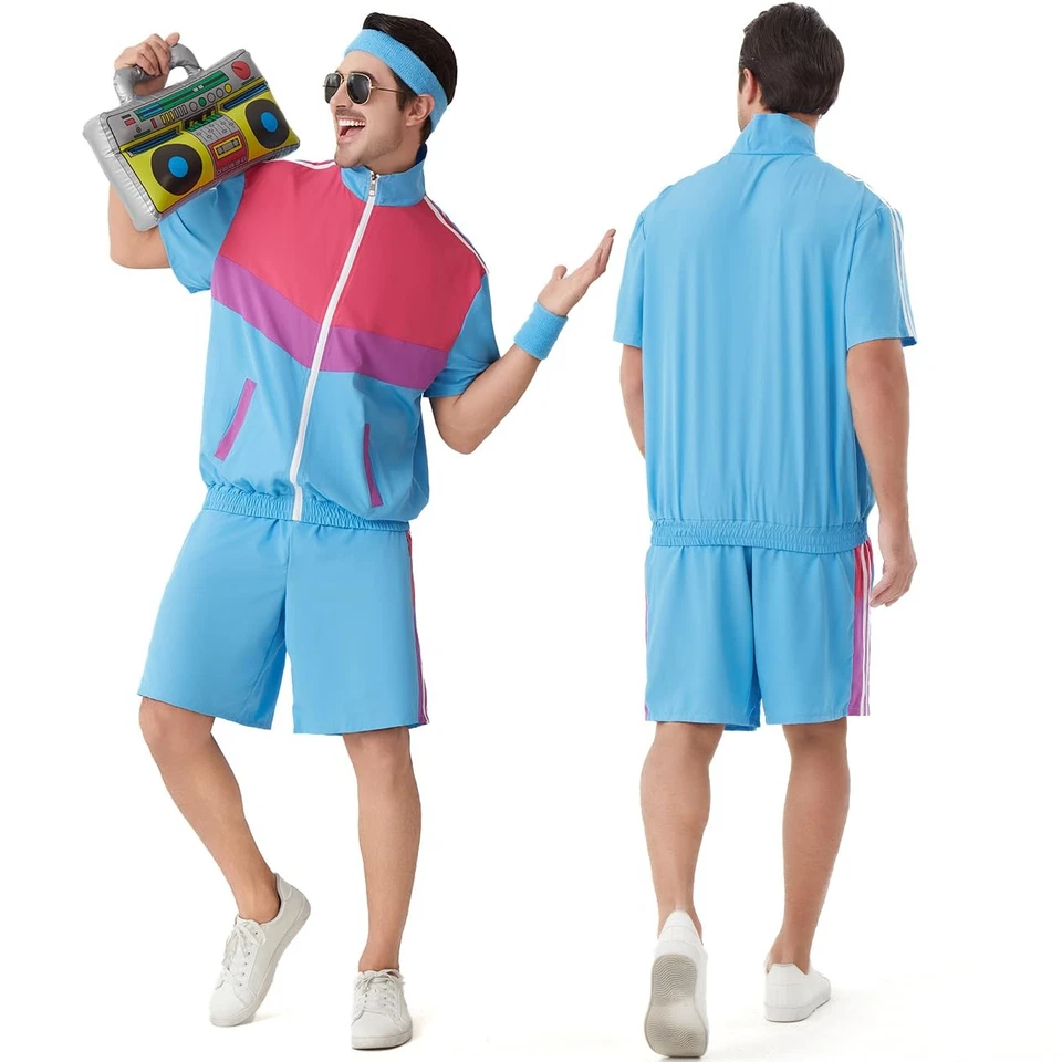 80 年代男式 90 年代田径套装男式复古色块短袖夹克... — 第 2/4 张图片