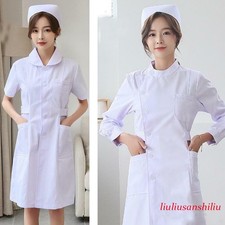 Women Nurse Dress White Doctor Beautician Lab Long Coat Work Clothes Uniform