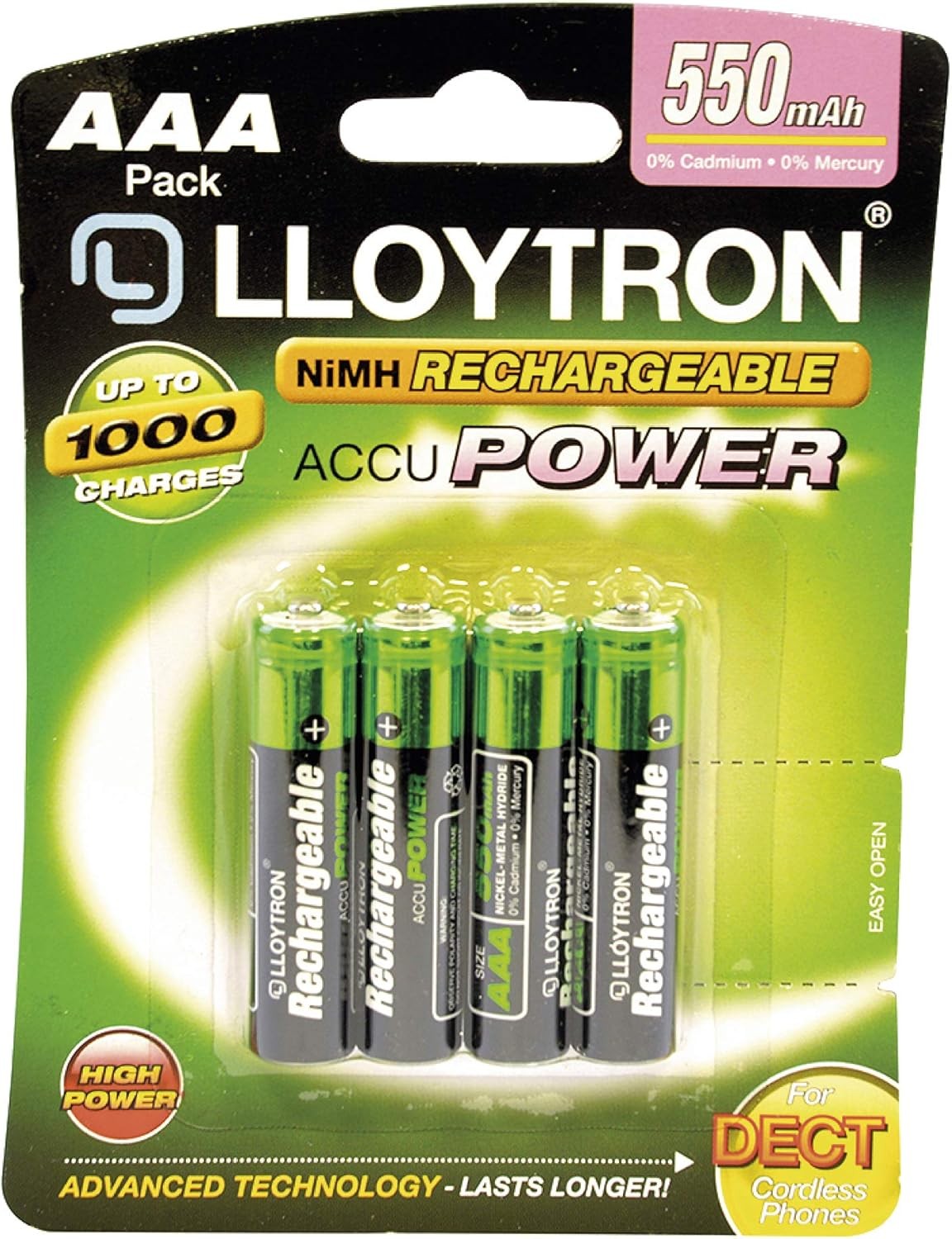 LLOYTRON NiMH Rechargeable AccuPower Batteries / AAA Size / 550mAh / 4 Pack - B
