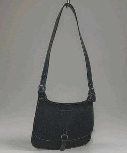 VTG Dooney Bourke Purse Blue Denim Leather Handbag Adjustable Strap Saddle Bag 