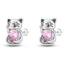 MULA Original Pink AAA CZ Cat Stud Earrrings Women Jewelry 925 Sterling Silver