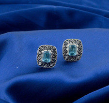 Vintage Style Gemstone Blue Topaz Cufflinks Groom Sterling Silver Men's Jewelry