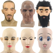 Man Women Face Cosplay Male Bald Beard Disguise Halloween Masquerade Mask Props