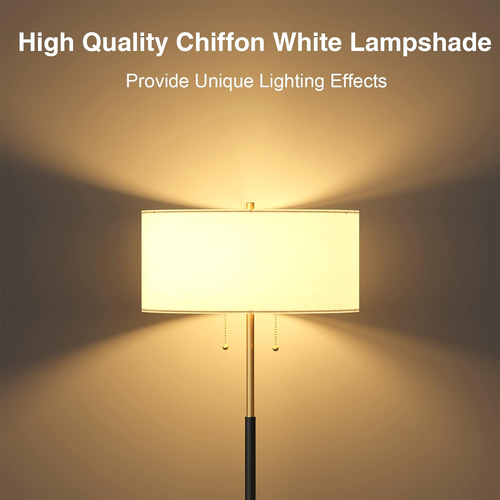2-Light Floor Lamp, Mid Century Floor Lamp with White Fabric Shade, Standing ... - Picture 3 of 12