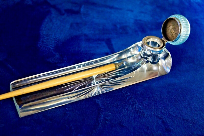 Antique Guilloche enamel Sterling silver crystal inkwell pen rest