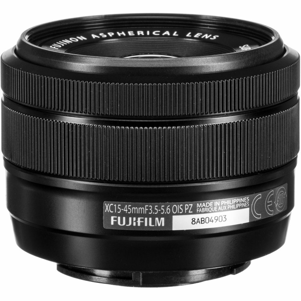 Fujifilm XC 15-45mm f/3.5-5.6 OIS PZ Lens (Black) with front and