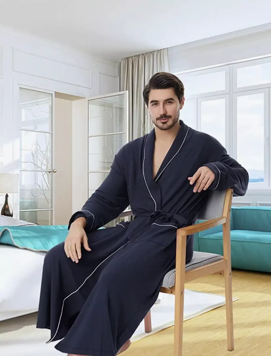 Ham &Sam Men's Robe Knit Bamboo Cotton Long Bathrobe Spa Sleepwear Soft NEW  Navy