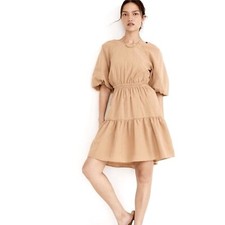 Madewell Sz M Seersucker Dress Cut Out Mini Tiered  Puff-Sleeve Stretchy Waist
