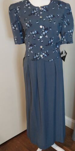 Vintage Women's Modest Short Sleeve Dress Cottagecore Country Maxi Floral Blue