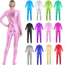 Women's Catsuit Mock Neck Rompers Shiny Bodysuit Clubwear Leotard Front Zipper