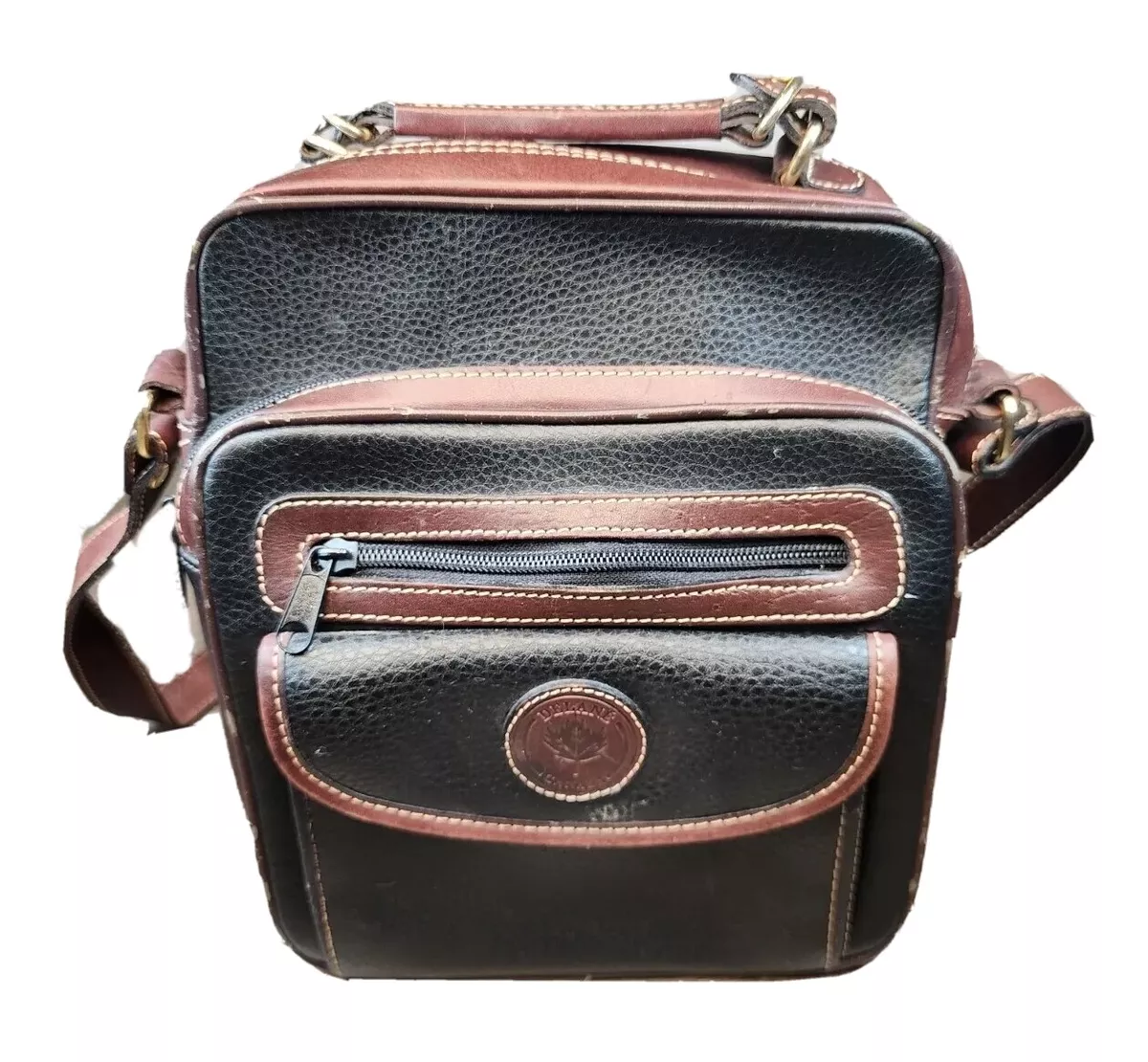 Vintage Delane Canada Black Brown Leather Messenger Bag Shoulder 8x10x5