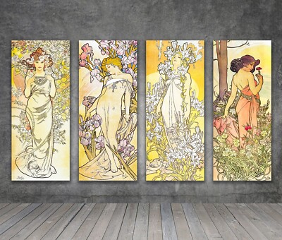 Alphonse Mucha Die Blumen LEINWAND GEMÄLDE DRUCK FRAUEN JUGENDSTIL 1482