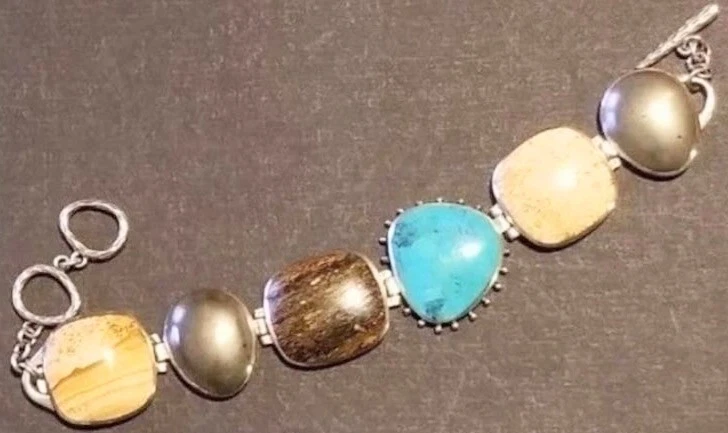 SILPADA 925 Sterling Silver Pyrite Turquoise Bronzite Jasper Toggle Clasp - Image 2 of 4