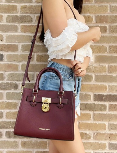 $498 Michael Kors Hamilton Small Leather Satchel Key Lock Crossbody Bag (Merlot) - Picture 2 of 12