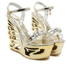 Rhinestone Women's Roman Peep Toe Sandals Transparent Platform Wedge Heel Shoes