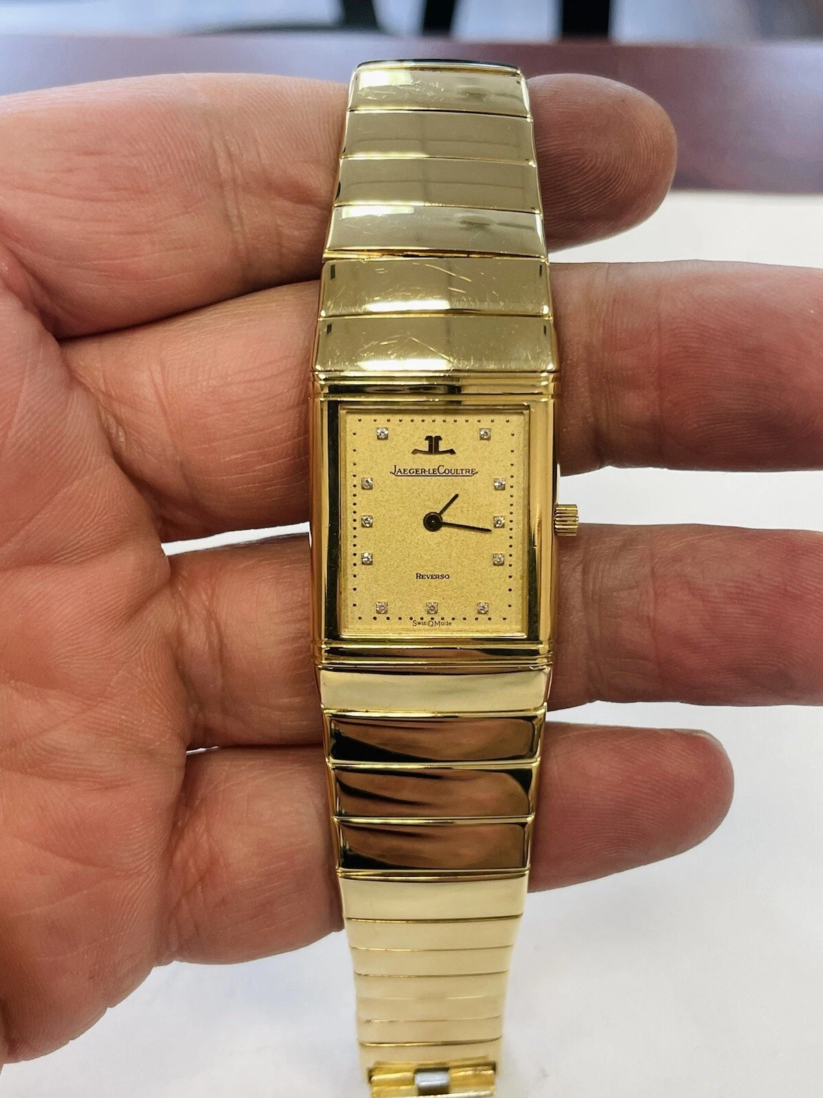 Jaeger LeCoultre — JAEGER - LECOULTRE REVERSO DIAMOND MEN'S 18K YELLOW GOLD WATCH ~ RARE