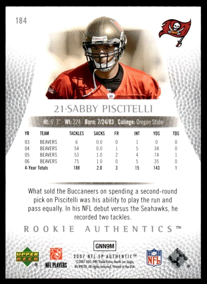 2007 Donruss Gridiron Gear Sabby Piscitelli Rookie /599 Tampa Bay Buccaneers R39 - Image 2 of 2
