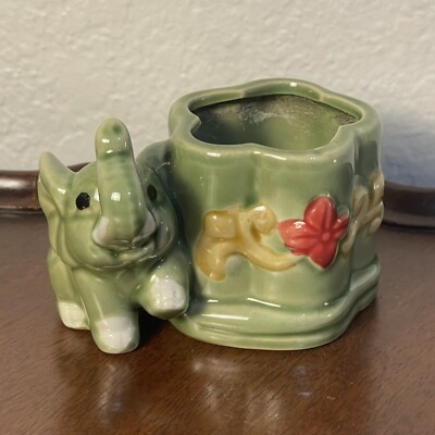 Vintage Majolica Style Petite Elephant Lucky Trunk Up Ceramic Planter