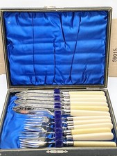 VINTAGE CASED CANTEEN OF FAUX BONE HANDLE FISH KNIVES AND FORKS SILVER COLLAR