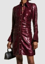 GANNI LONG SLEEVE SEQUINED RUCHED SHIRT DRESS IN BURGUNDY SZ 34