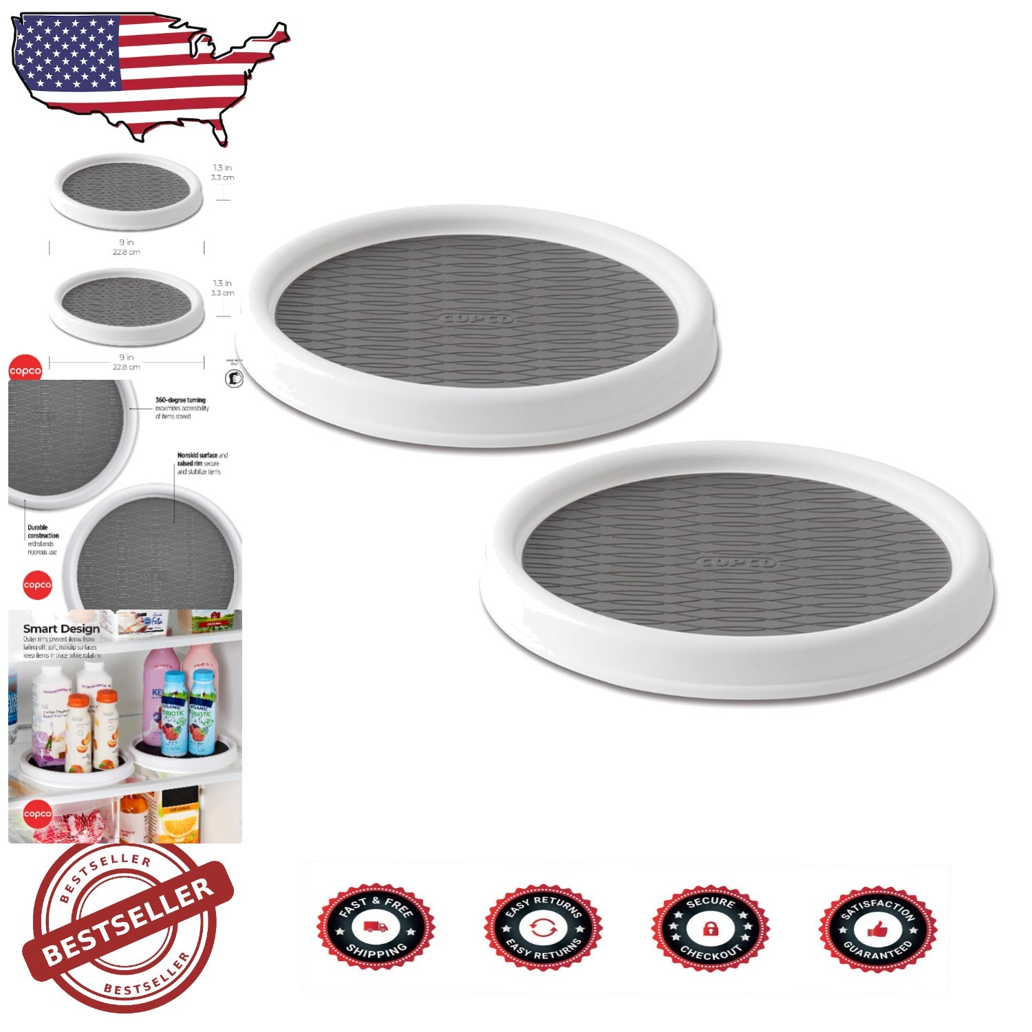 Stylish 9-Inch White and Gray Lazy Susan Turntables - Set of 2 for Organization