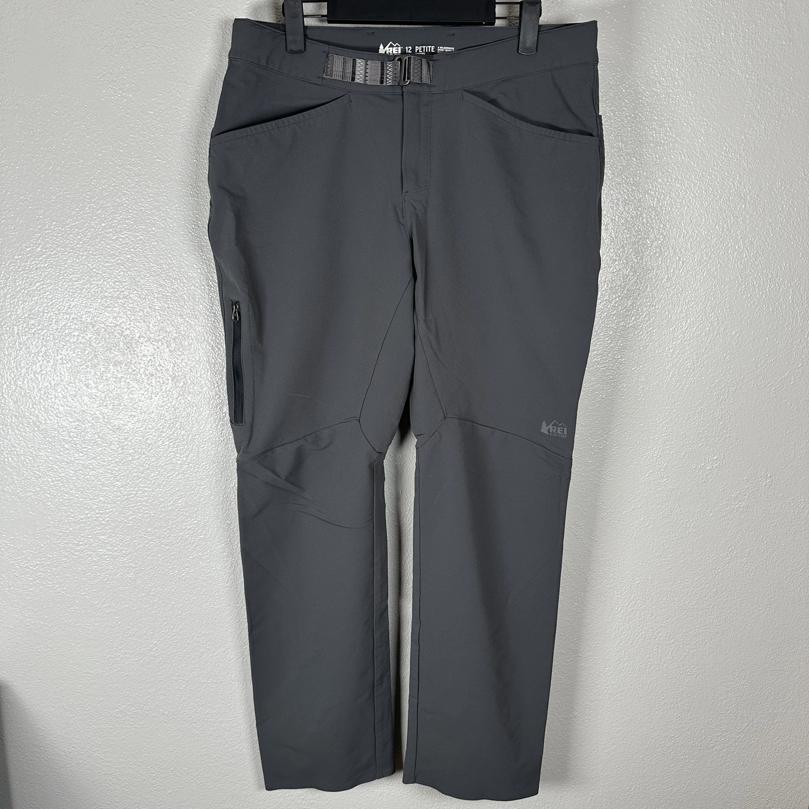 REI Co-op Activator V2 Pants Sz 12Petite Gray Soft Shell Belted Straight Hiking