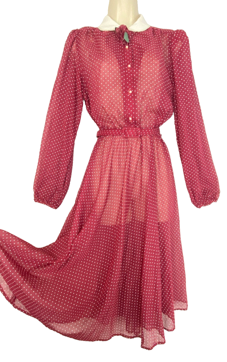 Vintage 1970s red midi dress long sleeve white collar dots sheer 1940s  Victorian | eBay