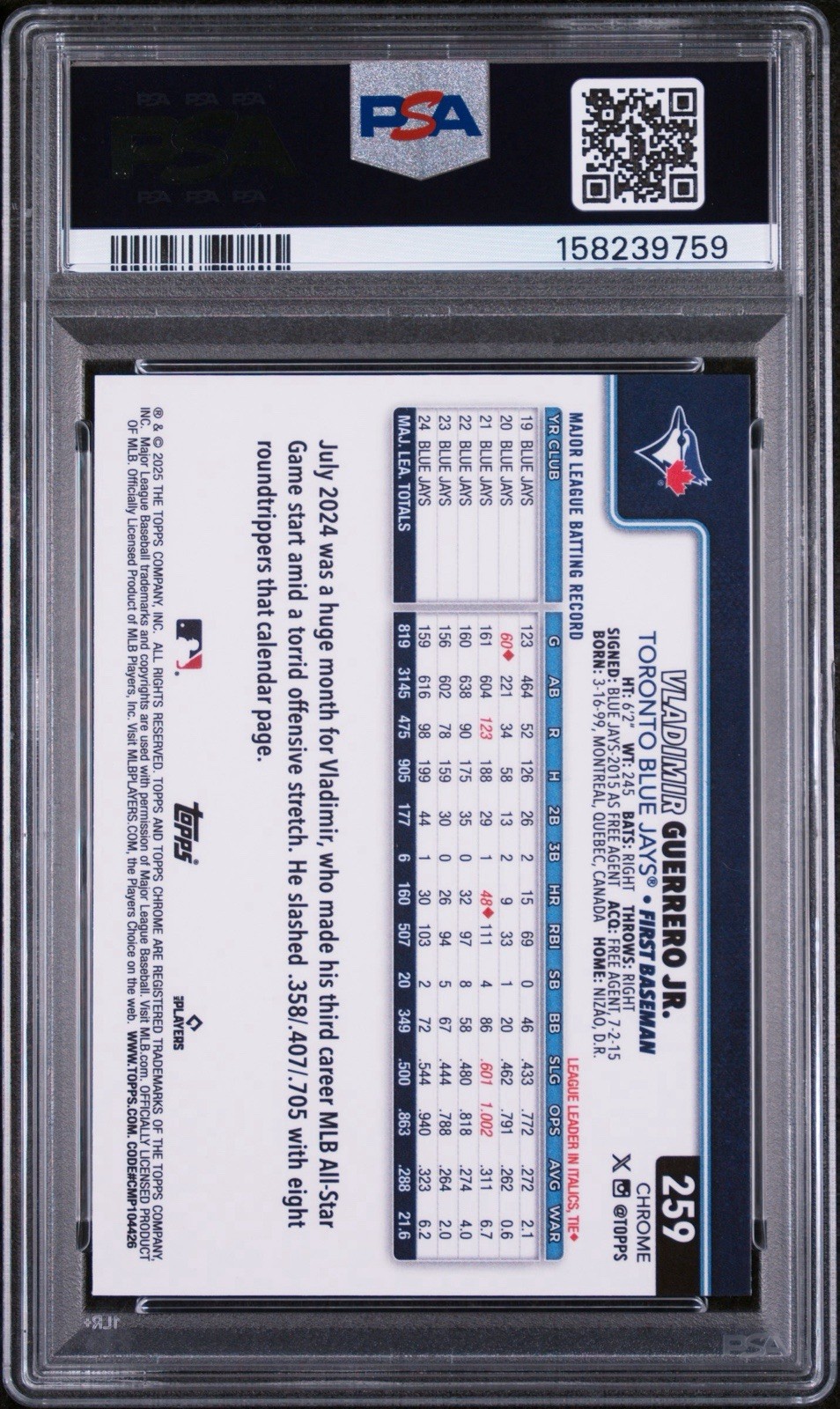 2025 Topps Chrome - Vladimir Guerrero Jr.  Green Geometric Refractor /99  PSA 10 view 2