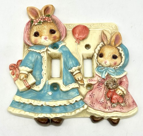 Vtg 2 Toggle Switch Plate Cover Nursery Boy Girl Bunny Rabbit Balloons Ceramic