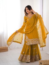 Mustard Yellow Moti Pearls Work Sharara Salwar Suit Plazzo Kurti Shalwar Kameez