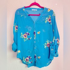 Fig  Flower Teal Blue Chiffon Floral Embroidered Roll Tab Sleeve Blouse LP
