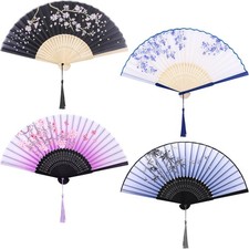 4 Pieces Folding Fans Silk Fabric Hand Holding Fans Retro Style Color D Foldable