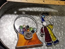 LOT OF 2 LARGE BEAUTIFUL VINTAGE STAINED GLASS SUNCATCHERS WINDOW PIECES CLOWN 