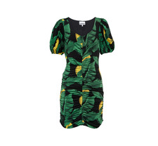 Ganni Ruched Mesh Mini Dress Womens 36 Small Green Yellow Bananas Short Sleeve