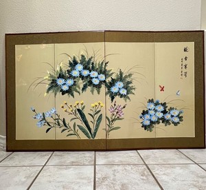Vintage Byobu Japanese Folding Screen 4 Panel Signed Flowers Butterflies 59"