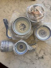 Asian Rice Grain Porcelain Dragon Blue Bowl Cup Dining Set 30 Piece