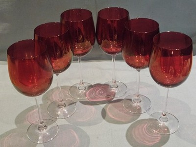 Schönes 6er Set Rubin Rot Gold Perlglanz Top Klar Stiel Weingläser GC