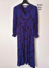 Boden Daphne Jersey Maxi Dress 14P Petite Blue Purple Damask EcoVero V-Neck L/S