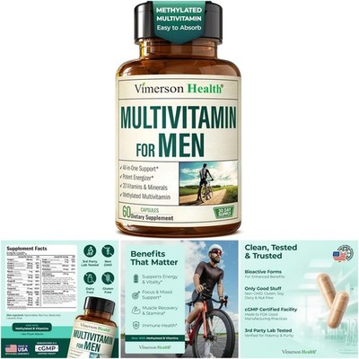 Methylated Men's Multivitamins Capsules B12 D C Zinc Magnesium Daily Support