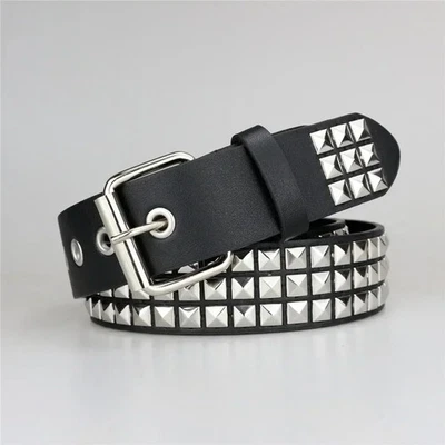 SMART RANGE Unisex Leather Belt 3 Row Pyramid Studded Silver Belt Punk Goth Accessories NEW